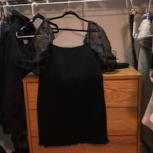 Black Mesh Puffed Sleeve Mini Dress